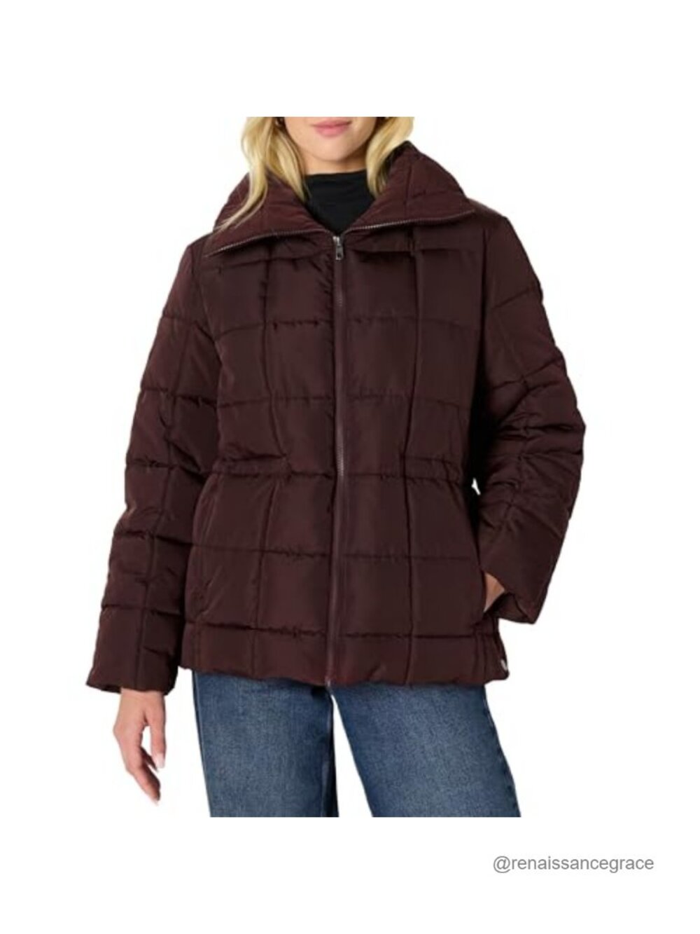 Oversized Square Quilted Puffer Jacket Water-Repellent Taffeta Adjustable Waist